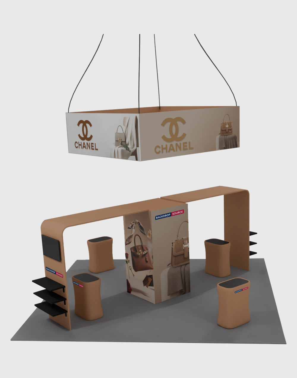 6x6m Gallery Booth with Entry Arch Towers, TV Mounts & Counters