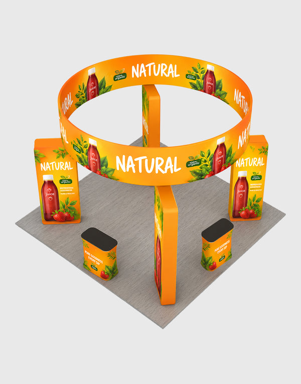6x6m Island Booth with 3D Media Walls & 3 Counters