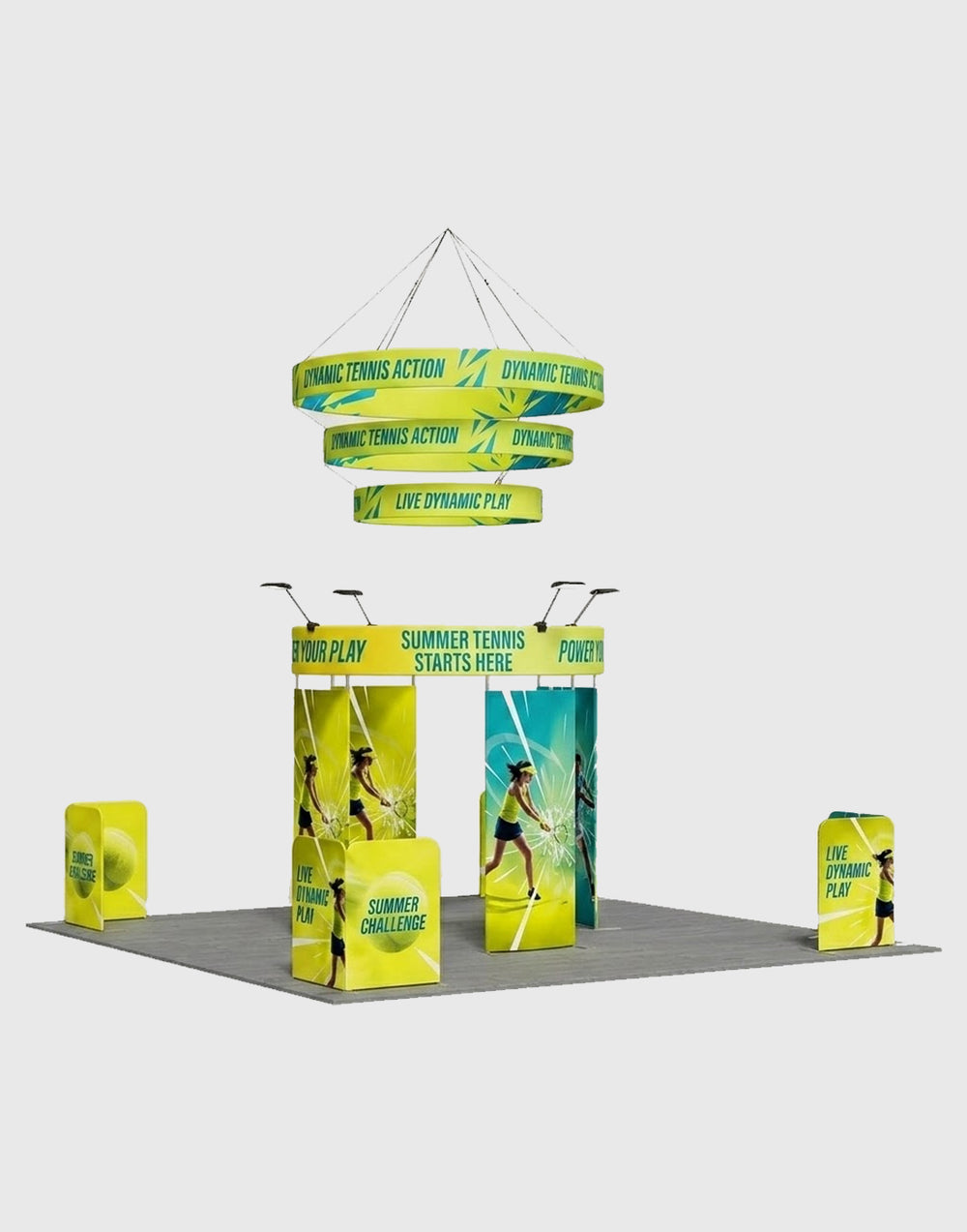 6x6m Island Booth with 360 Photo Booth & Tiered Hanging Sign