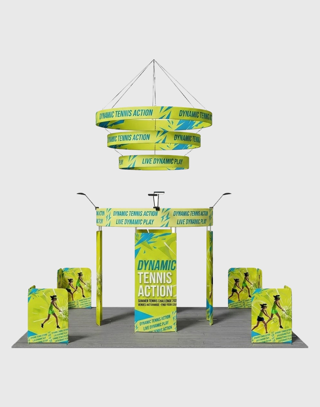 6x6m Island Booth with 360 Photo Booth & Tiered Hanging Sign