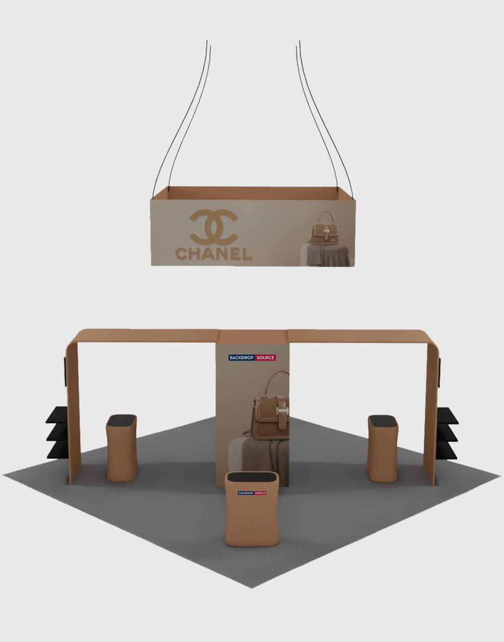 6x6m Gallery Booth with Entry Arch Towers, TV Mounts & Counters