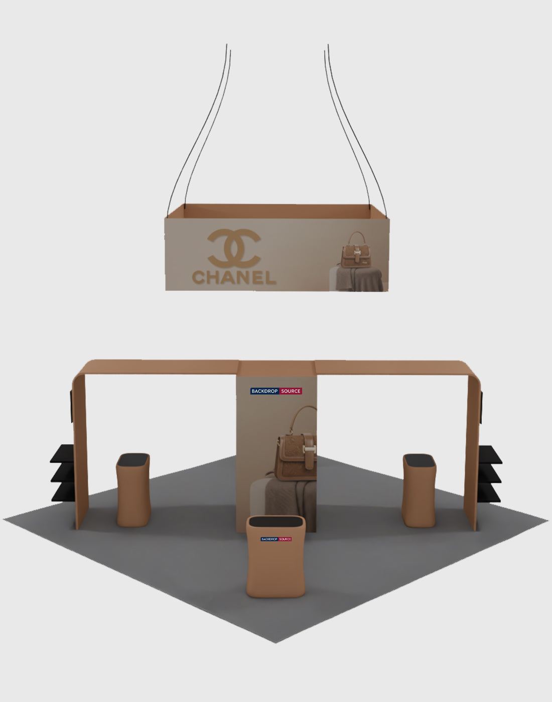 6x6m Gallery Booth with Entry Arch Towers, TV Mounts & Counters