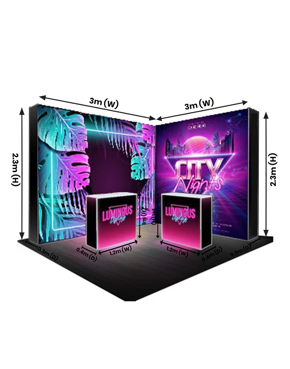L-Shaped Illuminated Media Wall Set with Counters for 3x3m Booths