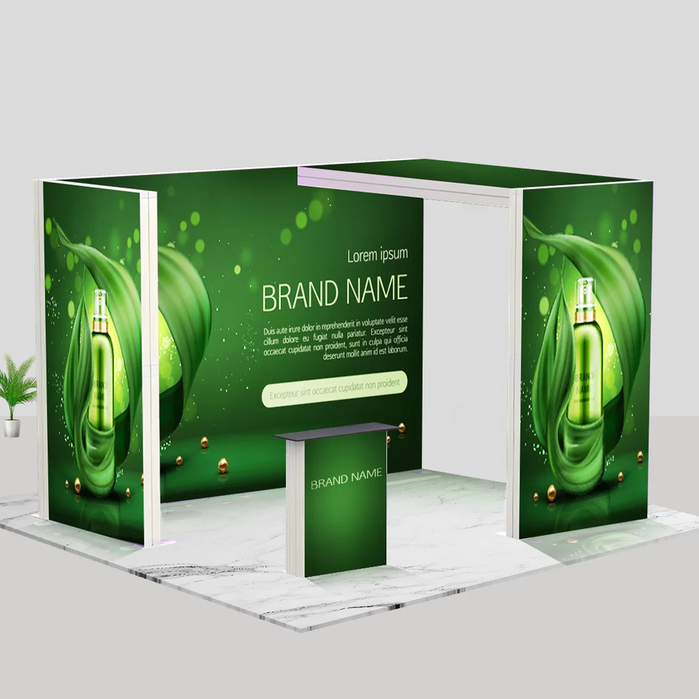 Backlit SEG Corner Booth Kit with L-Arch & Lightbox Counter