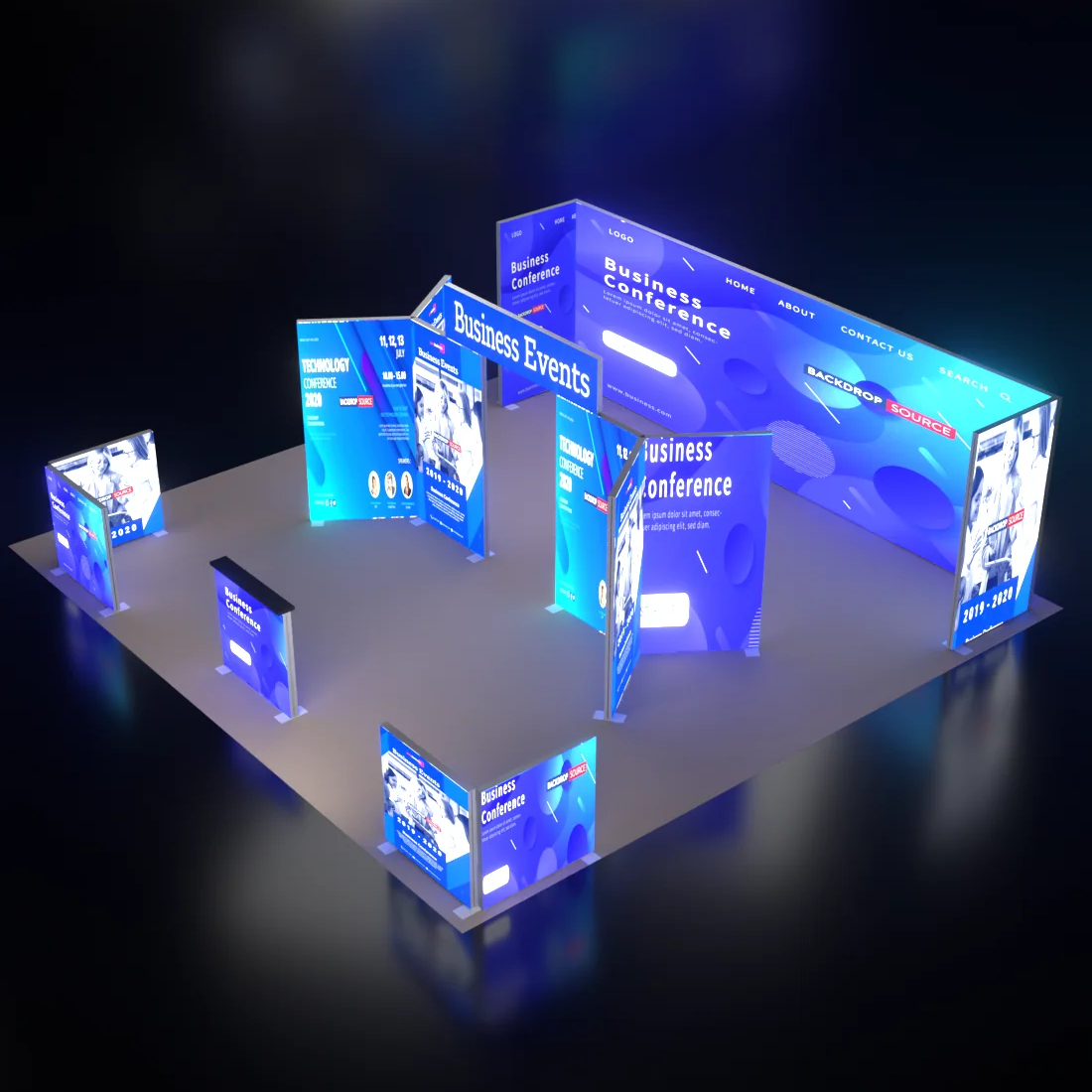 6m Backlit SEG Island Booth with Y-Walls, Header & Counter