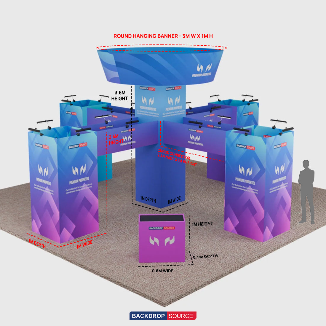 9x9m Cubic Tower Island Booth with Hanging Banner & Counters
