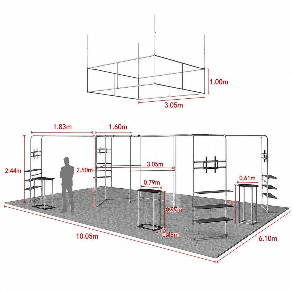 9x6m Island Booth Kit with Hexagon Lounge Shelving & 4 Counters