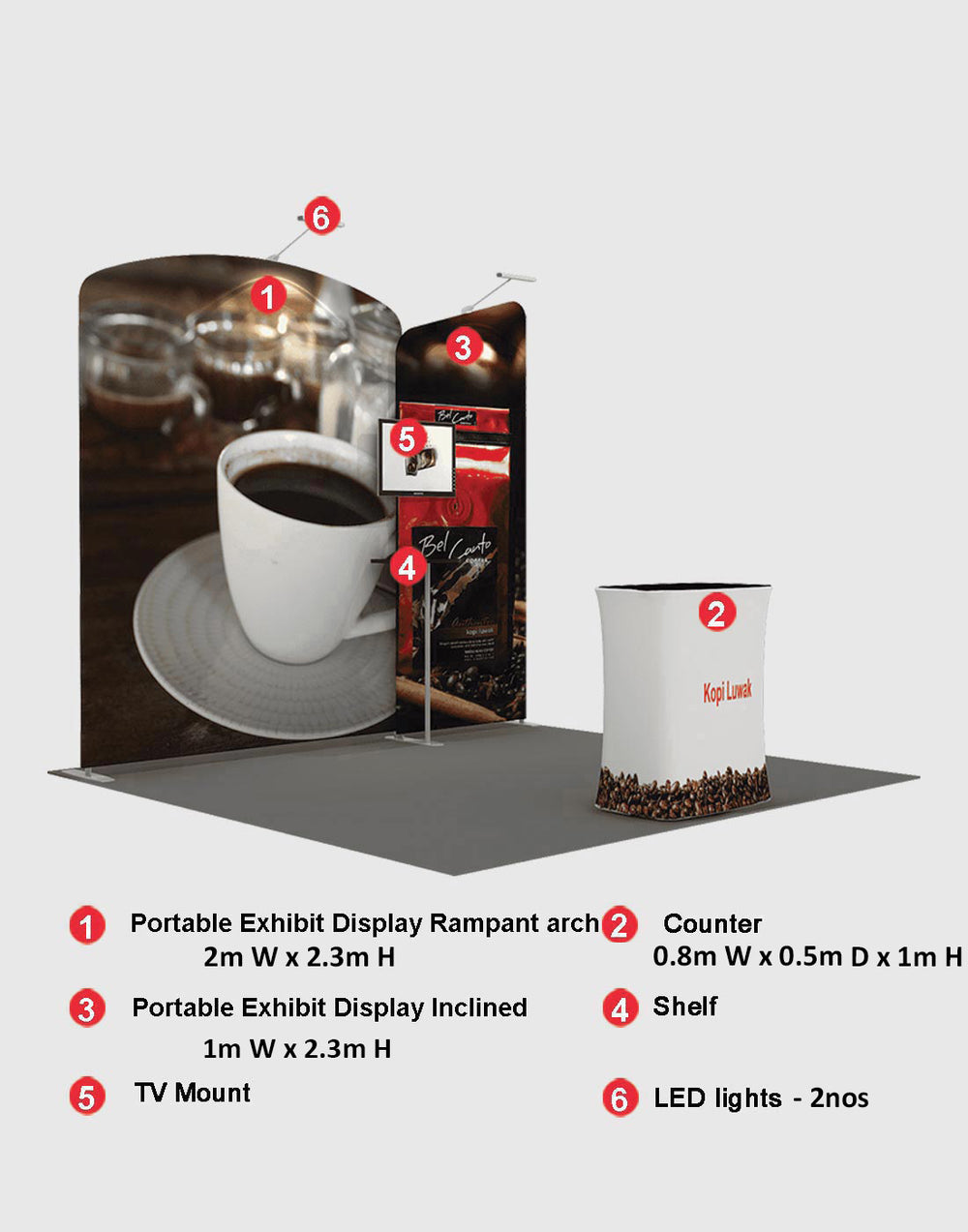 3x3m Booth Kit with Inclined Wall & Sloped Arch + Counter