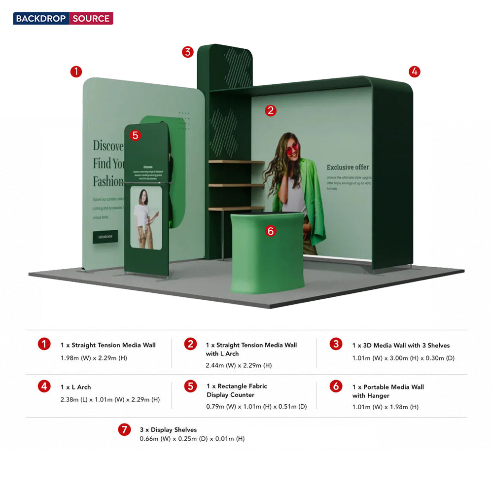3x3m L-Arch Booth Kit with 3D Shelf Wall Box & Counter