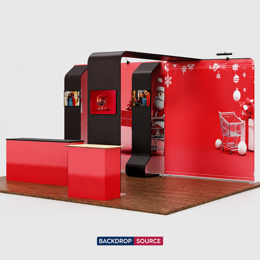 6x3m Booth Kit with 3D Wall Box, Waterfall Arches & 2 Counters
