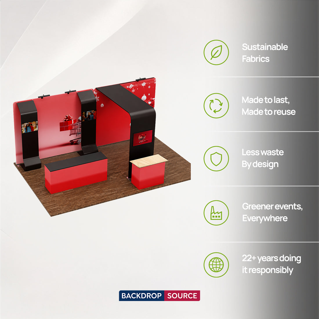 6x3m Booth Kit with 3D Wall Box, Waterfall Arches & 2 Counters