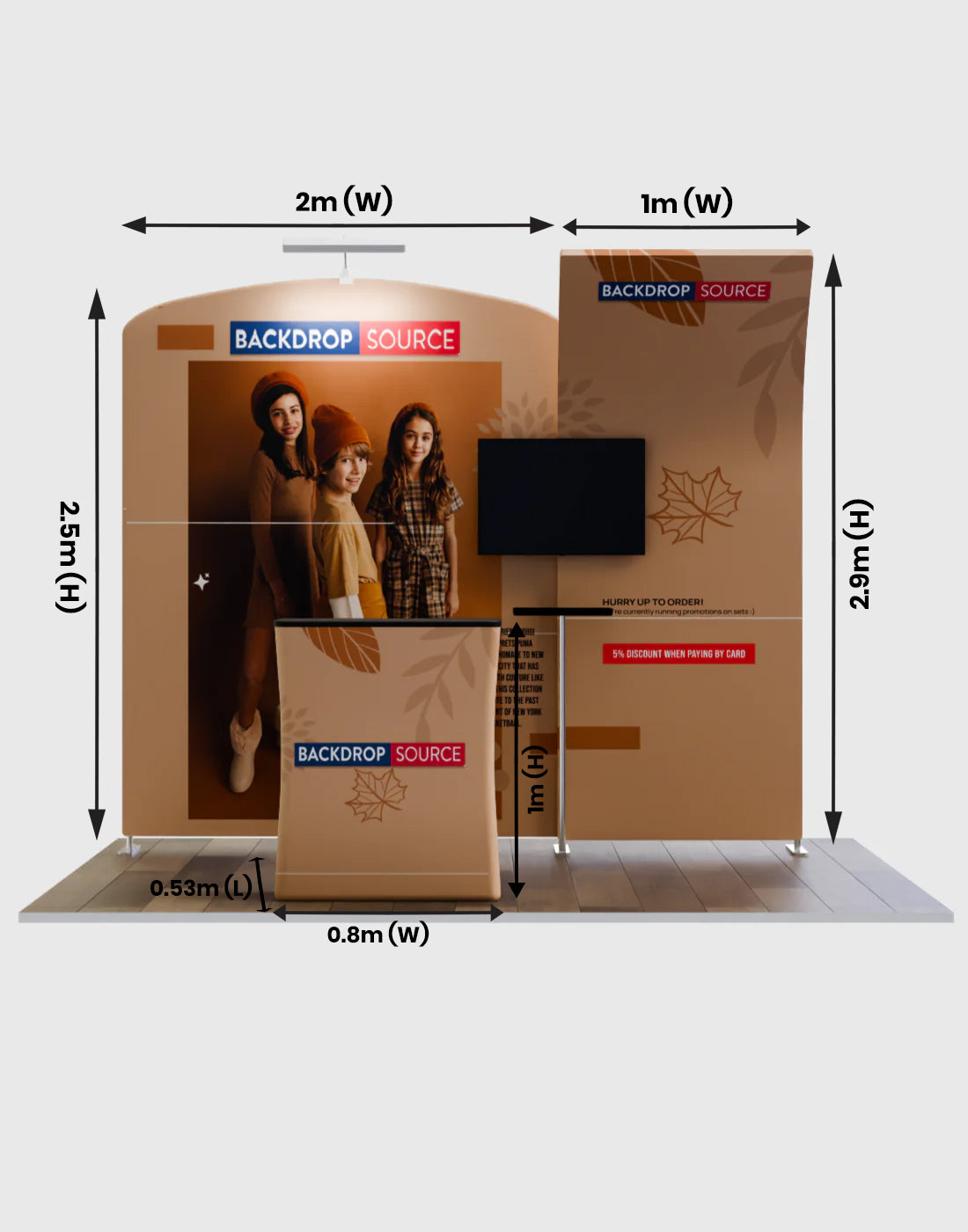3x3m Booth Kit with Curved Wall & Sloped Arch, Counter & TV