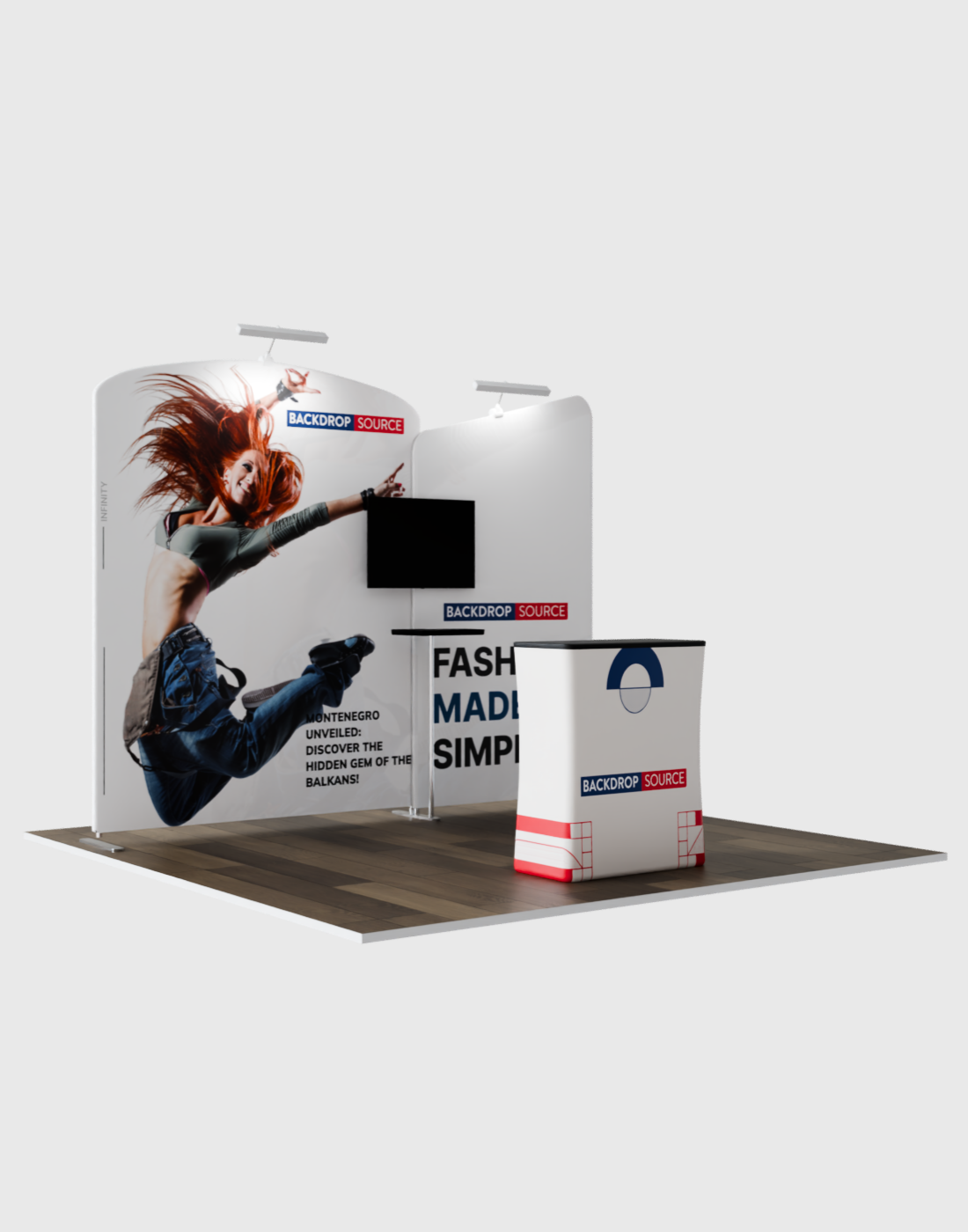 3x3m Booth Kit with Inclined Wall & Sloped Arch + Counter