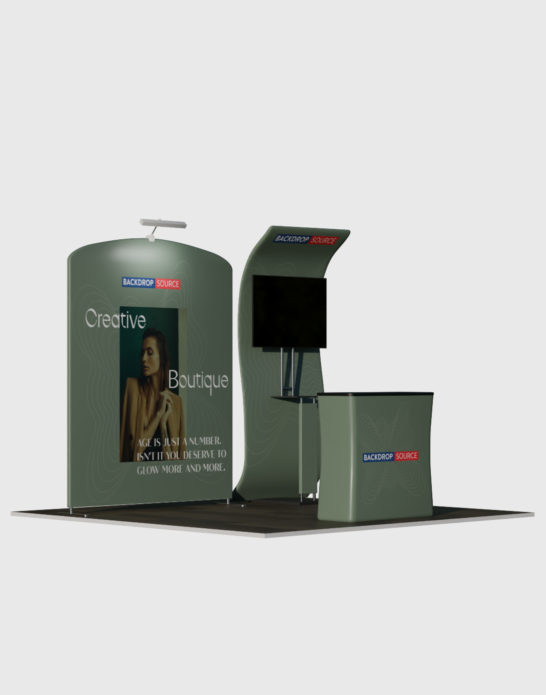3x3m Booth Kit with S-Curve Wall & Sloped Arch, Counter & TV