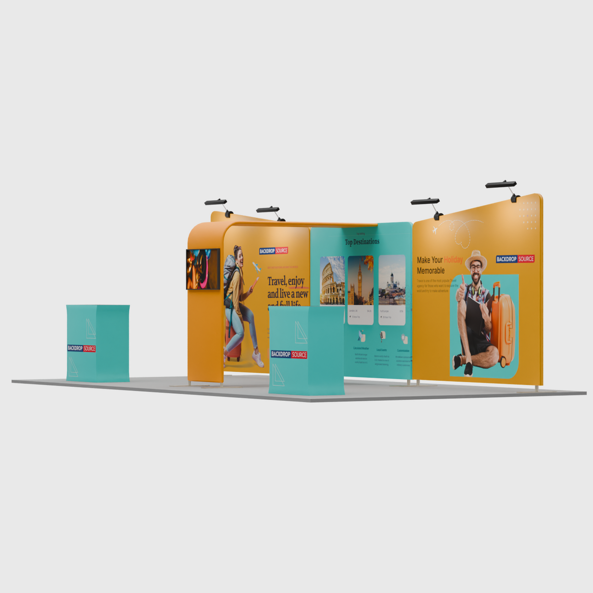 6x3m Booth Kit with Inclined Walls, L-Arch TV Mount & 2 Counters