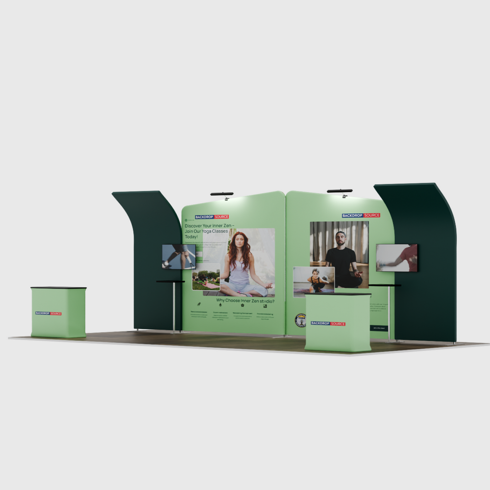 6x3m Booth Kit with Inclined & Curved Walls, 2 Counters & TVs