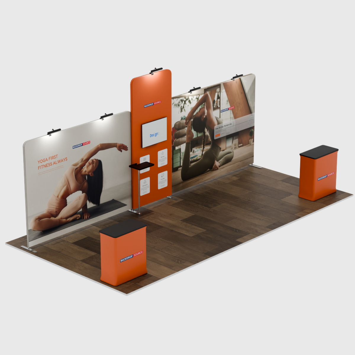 6x3m Booth Kit with Tall Corner Wall, 2 Counters & TV Mount