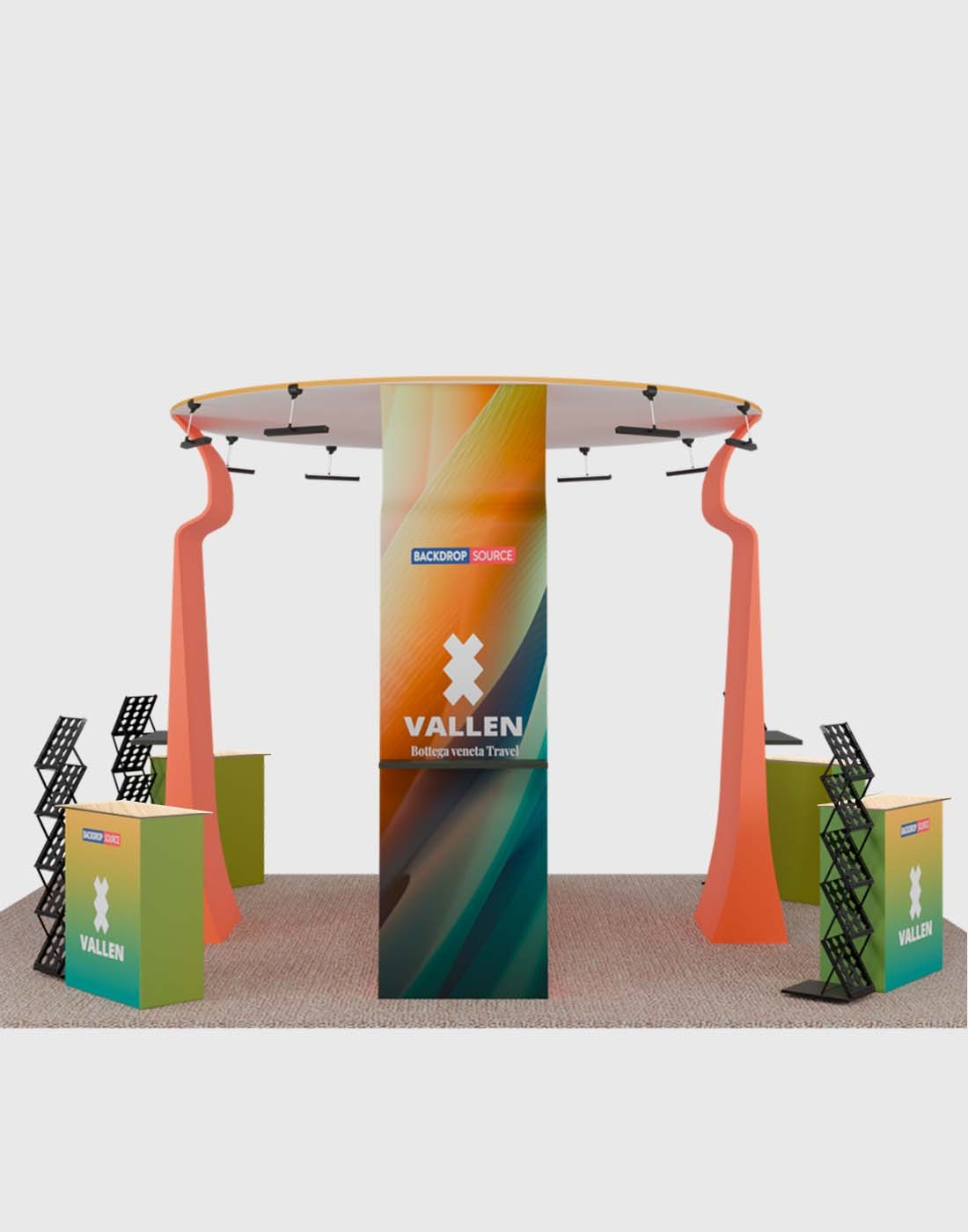 6x6m Island Booth with Round Overhead Ring & Shelf Towers