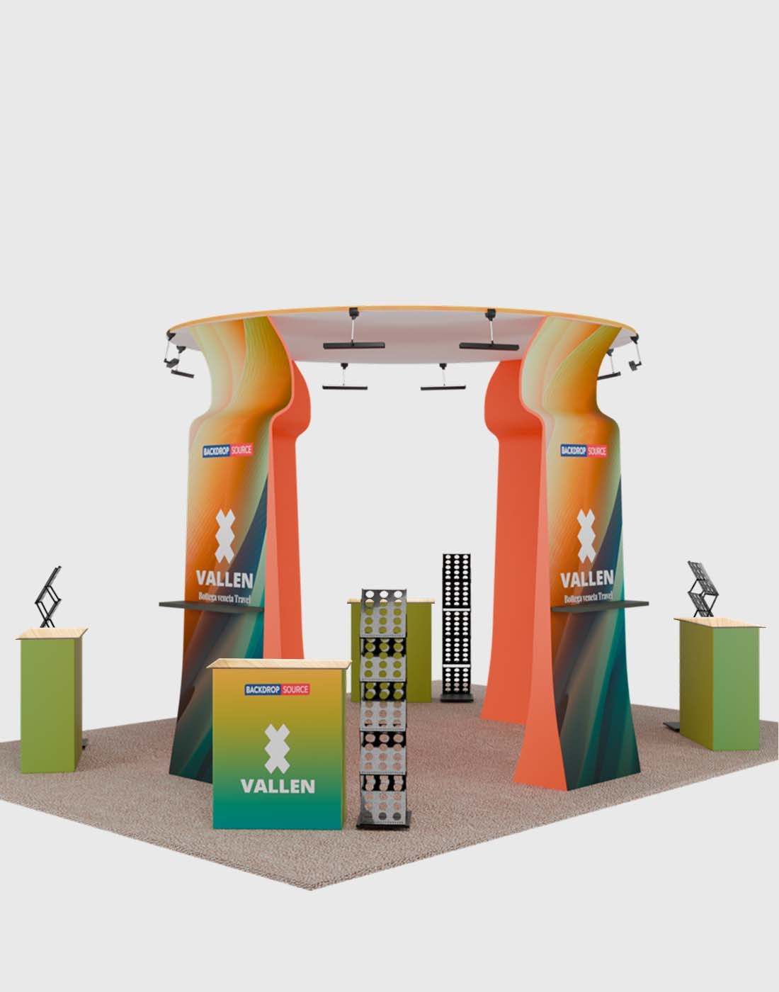 6x6m Island Booth with Round Overhead Ring & Shelf Towers