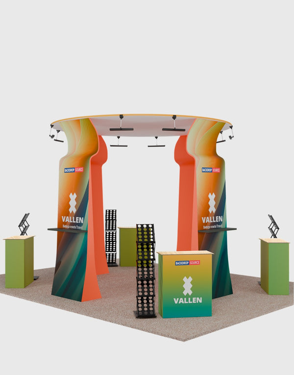 6x6m Island Booth with Round Overhead Ring & Shelf Towers