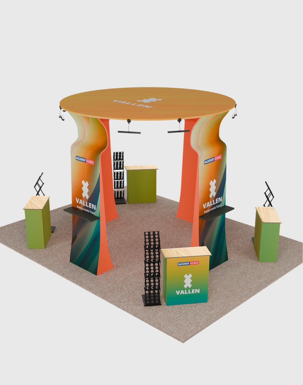 6x6m Island Booth with Round Overhead Ring & Shelf Towers
