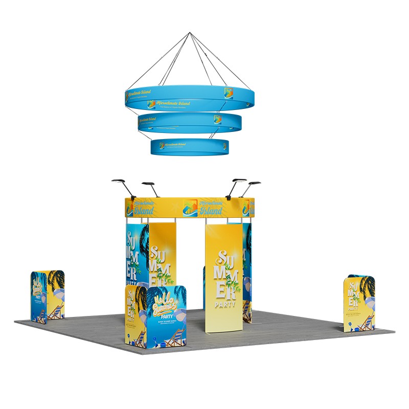 6x6m Island Booth with 360 Photo Booth & Tiered Hanging Sign