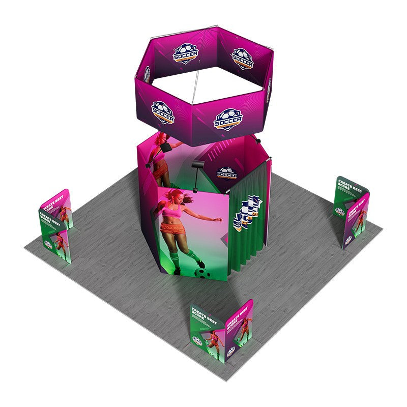 6x6m Island Booth with Hexagon Lounge Enclosure & Hanging Sign