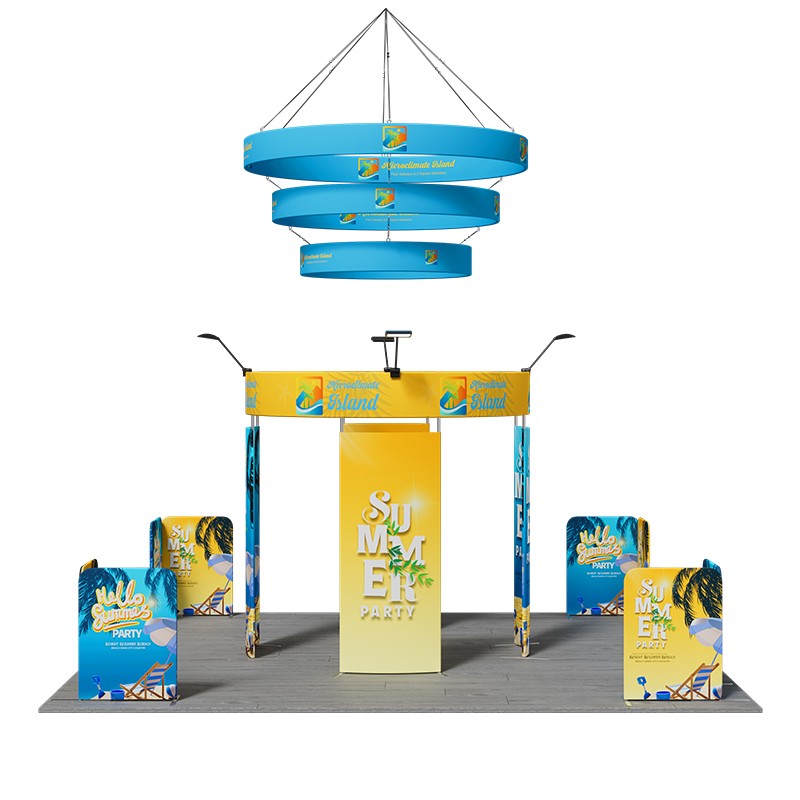 6x6m Island Booth with 360 Photo Booth & Tiered Hanging Sign