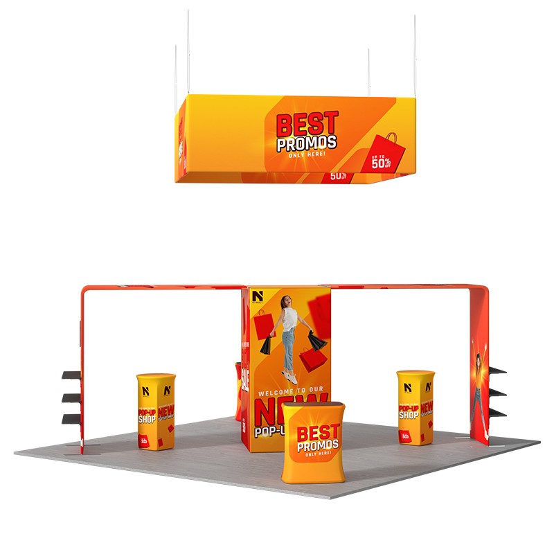 6x6m Gallery Booth with Entry Arch Towers, TV Mounts & Counters