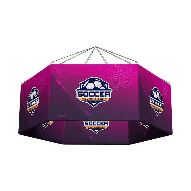 6x6m Island Booth with Hexagon Lounge Enclosure & Hanging Sign