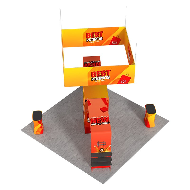 6x6m Gallery Booth with Entry Arch Towers, TV Mounts & Counters