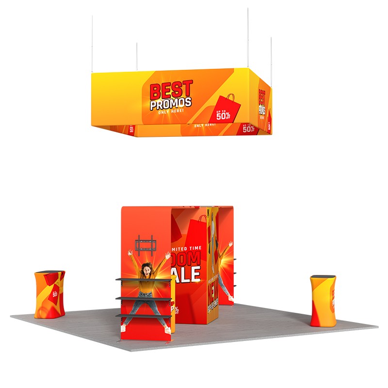 6x6m Gallery Booth with Entry Arch Towers, TV Mounts & Counters