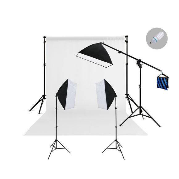 3 Head Continuous Softbox Studio Light Kit with Boom Arm