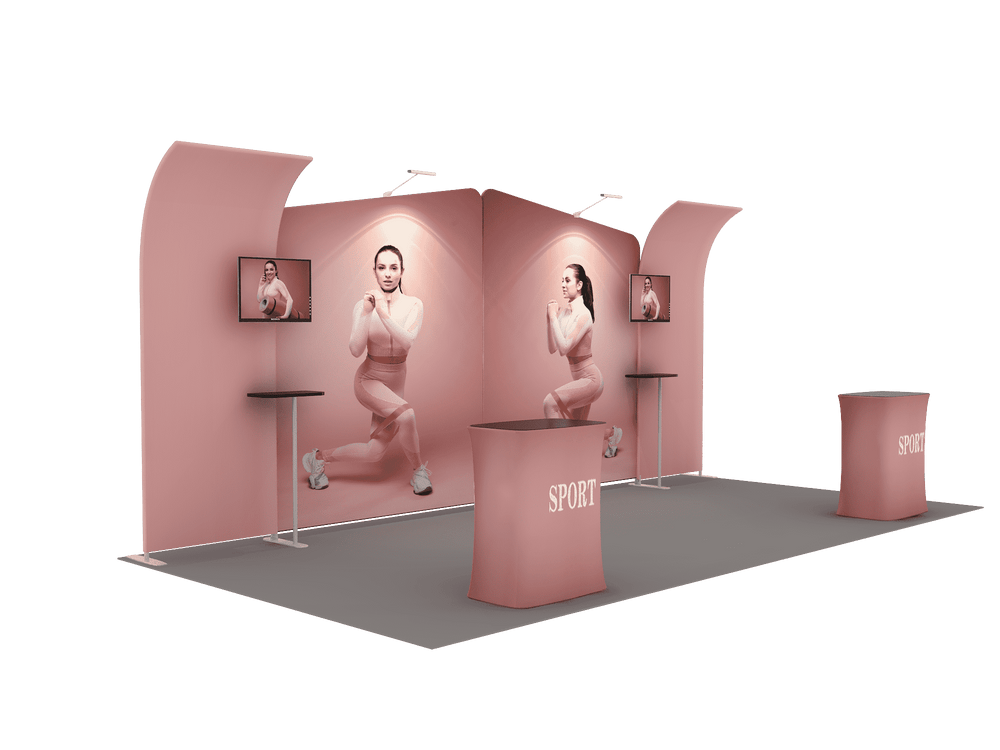 6x3m Booth Kit with Inclined & Curved Walls, 2 Counters & TVs