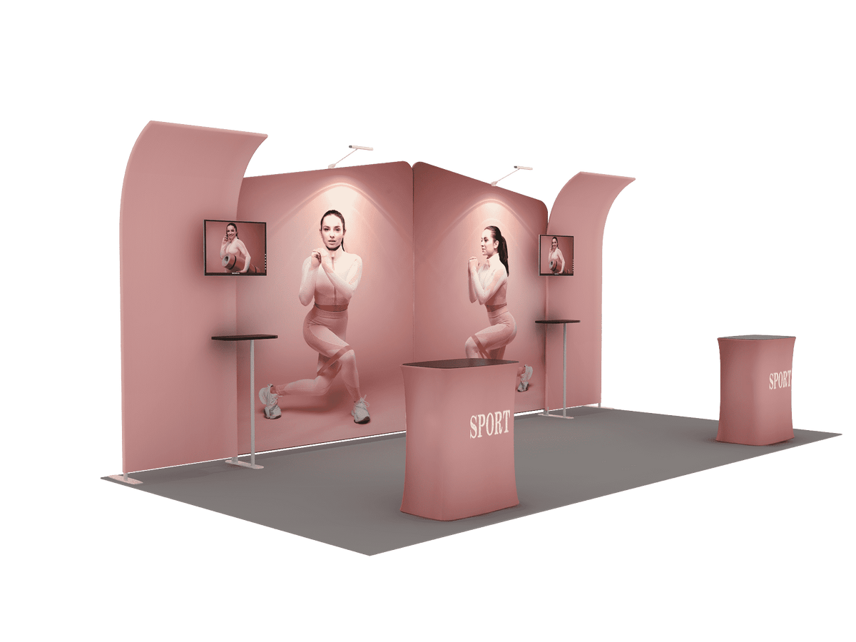 6x3m Booth Kit with Inclined & Curved Walls, 2 Counters & TVs
