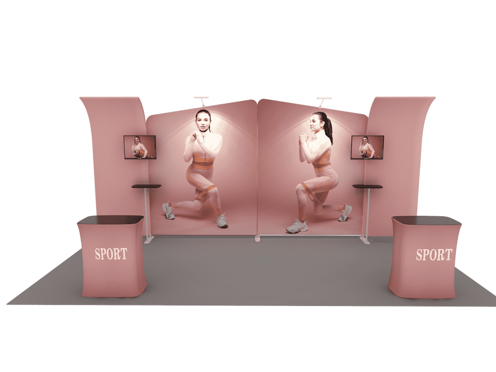 6x3m Booth Kit with Inclined & Curved Walls, 2 Counters & TVs