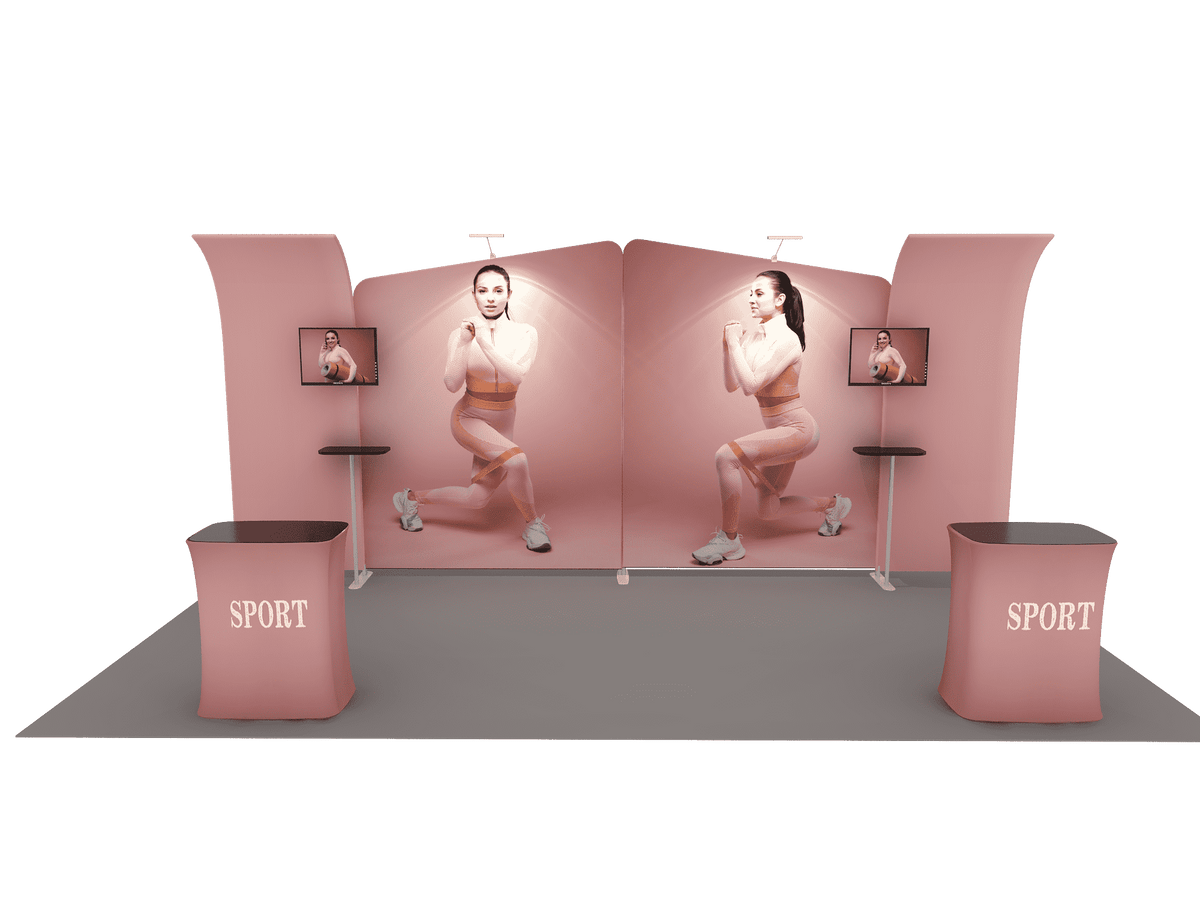 6x3m Booth Kit with Inclined & Curved Walls, 2 Counters & TVs