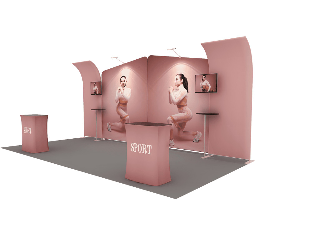 6x3m Booth Kit with Inclined & Curved Walls, 2 Counters & TVs
