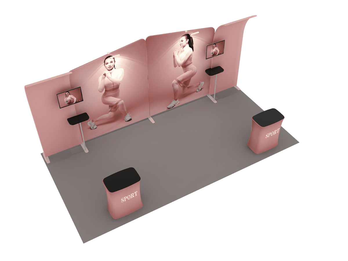 6x3m Booth Kit with Inclined & Curved Walls, 2 Counters & TVs
