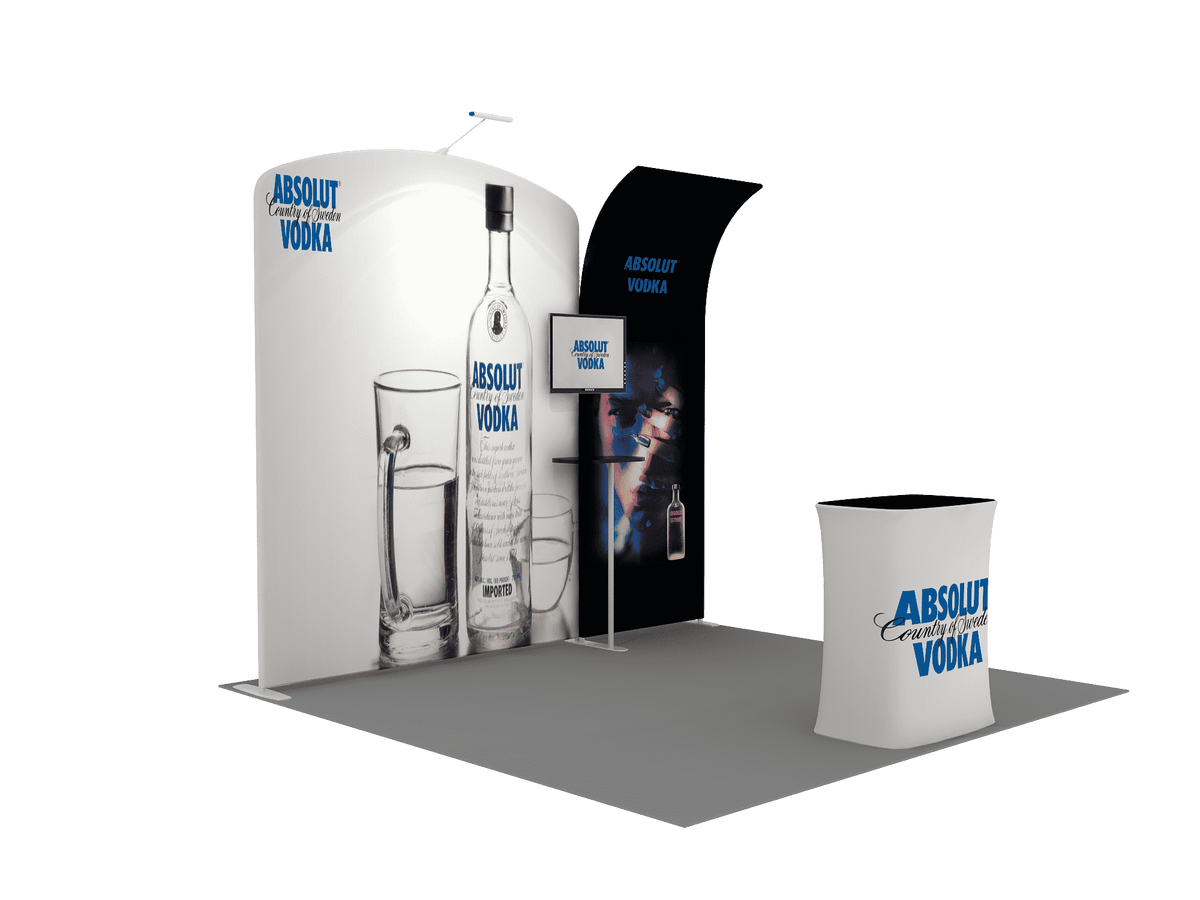 3x3m Booth Kit with Curved Wall & Sloped Arch, Counter & TV