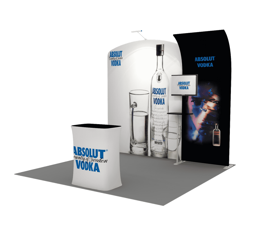 3x3m Booth Kit with Curved Wall & Sloped Arch, Counter & TV