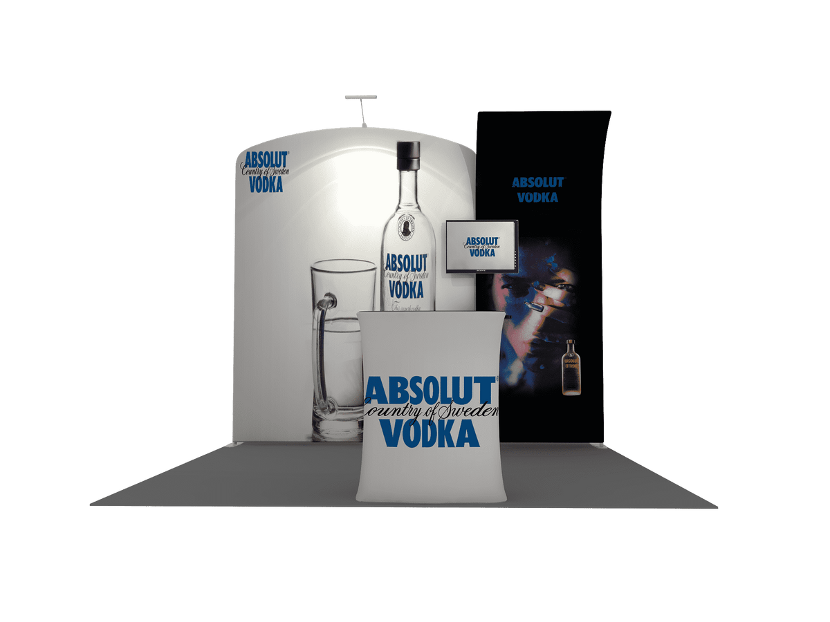 3x3m Booth Kit with Curved Wall & Sloped Arch, Counter & TV
