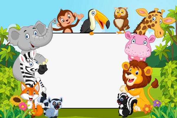 Cartoon Collection Animal With Blank Sign Backdrop
