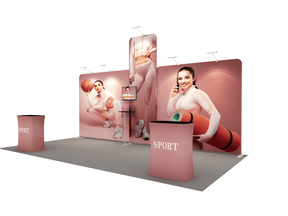 6x3m Booth Kit with Tall Corner Wall, 2 Counters & TV Mount