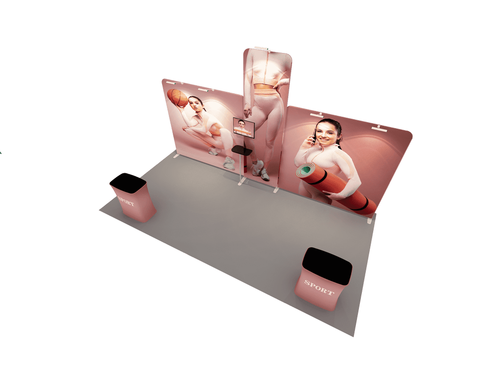 6x3m Booth Kit with Tall Corner Wall, 2 Counters & TV Mount