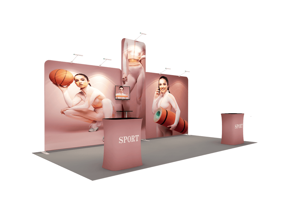 6x3m Booth Kit with Tall Corner Wall, 2 Counters & TV Mount