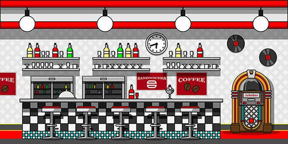 Retro Cafe Interior Flat Line Illustration Backdrop